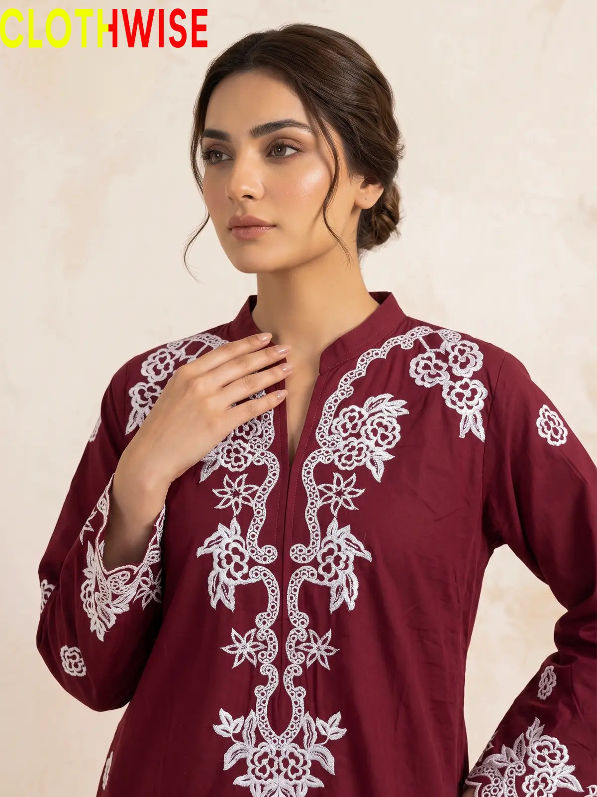 Muskaan Maroon Suit – Embroidered Neckline Detail