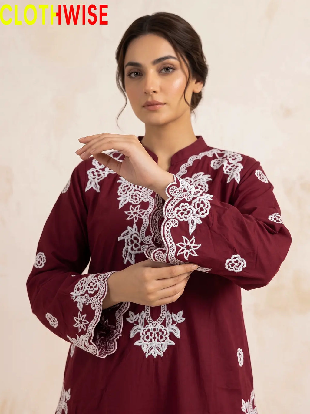 Muskaan Maroon Suit – Embroidered Sleeve Detail