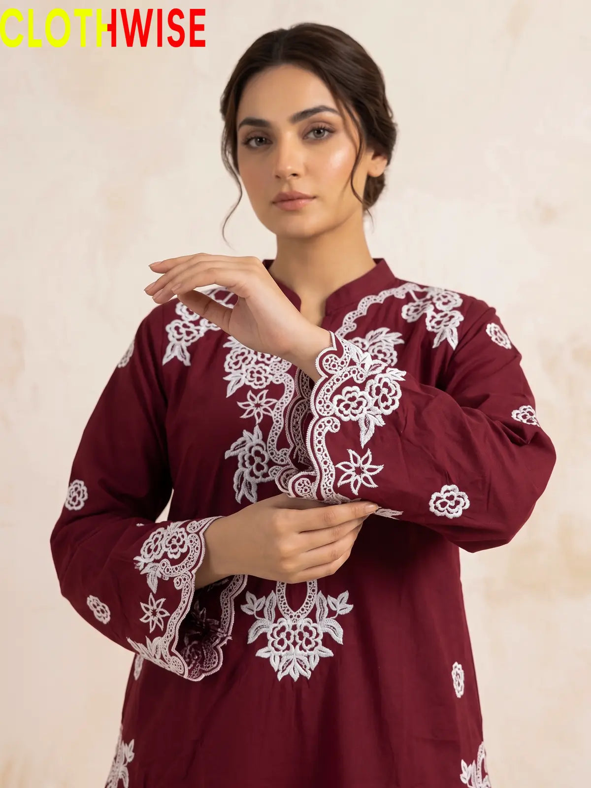 Muskaan Maroon Suit – Embroidered Sleeve Detail