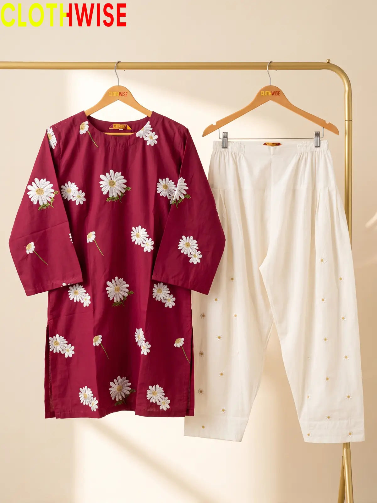 Daisy Maroon embroidered cotton suit - hanger view - CLOTHWISE