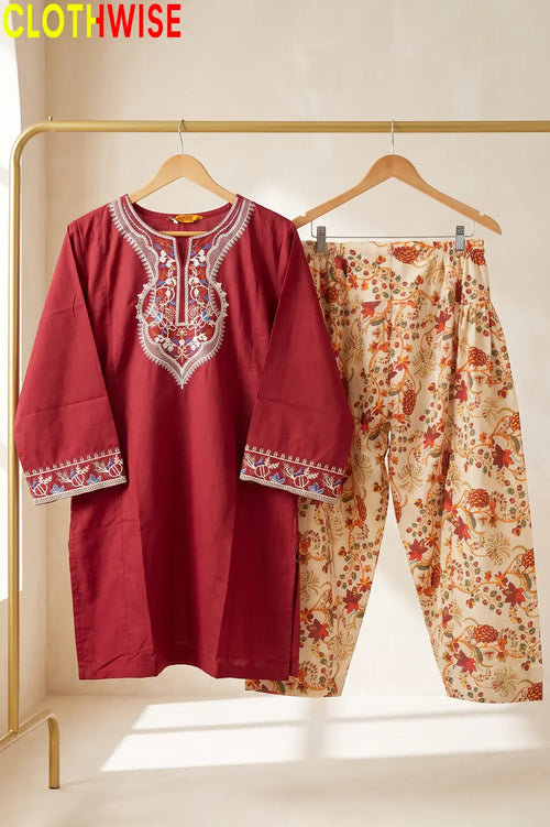 Ishq Maroon Embroidered Cotton Suit – Hanger View