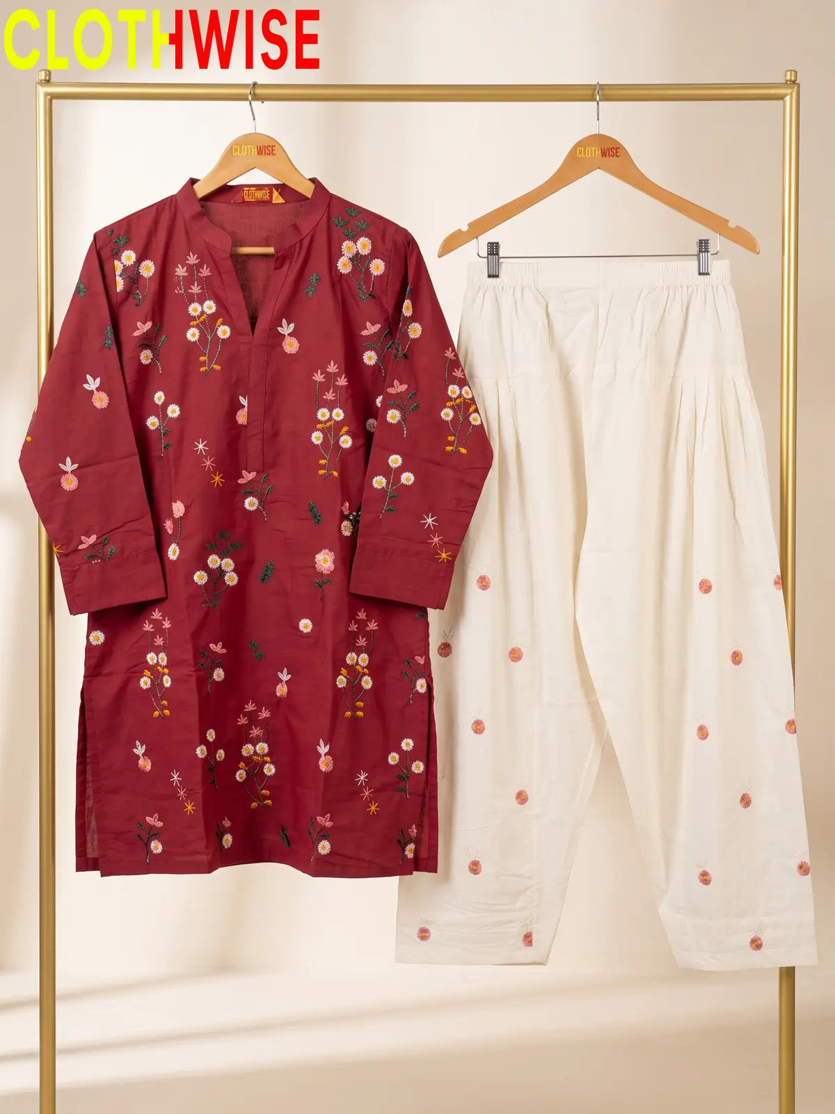 Nargiz embroidered 2-piece cotton suit in Maroon - hanger front view