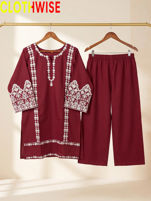Aina Maroon 2 Piece Embroidered Cotton Suit with Flapper Bottom by Clothwise