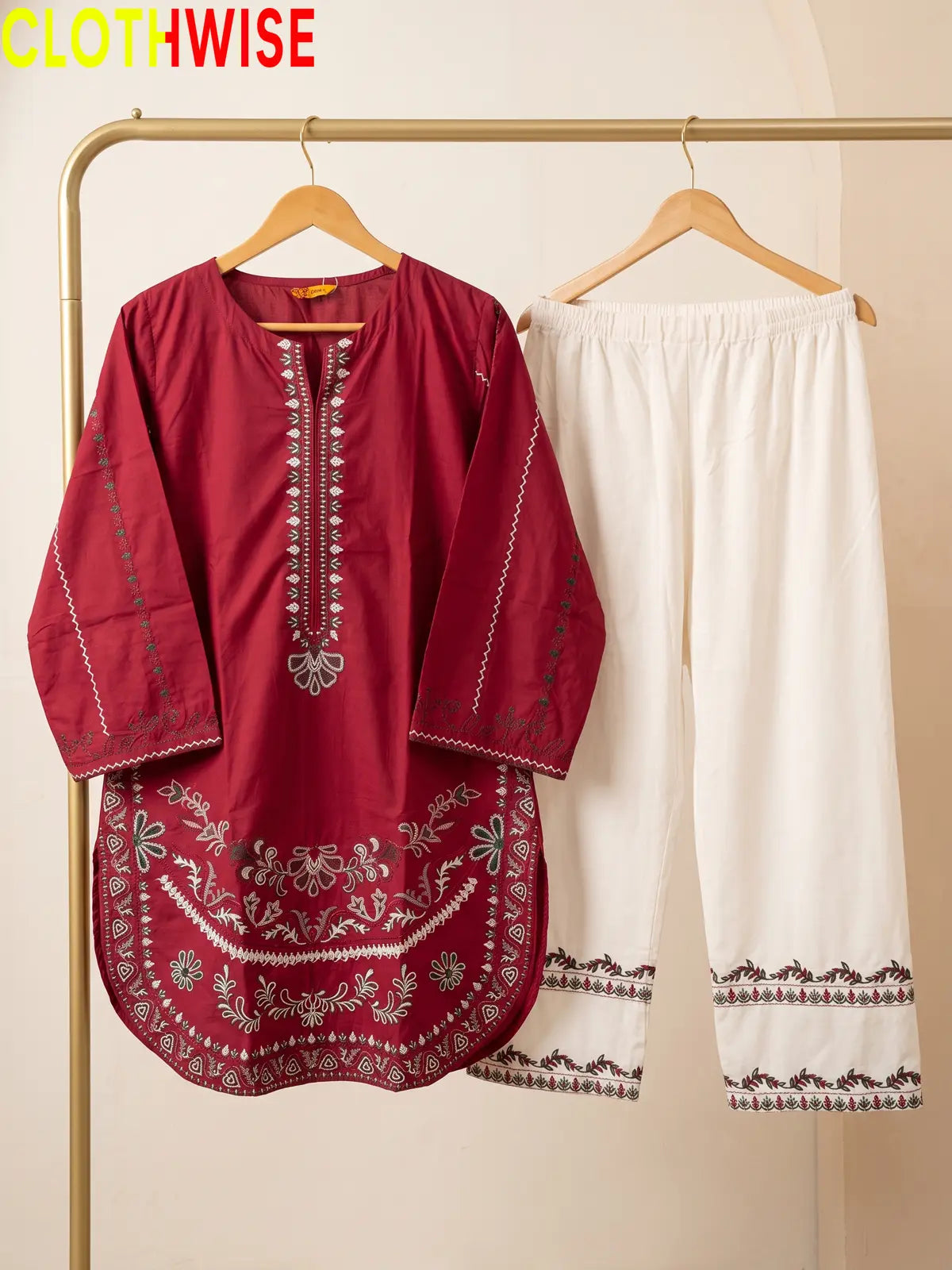Naqsh Maroon embroidered 2-piece cotton suit - on hanger