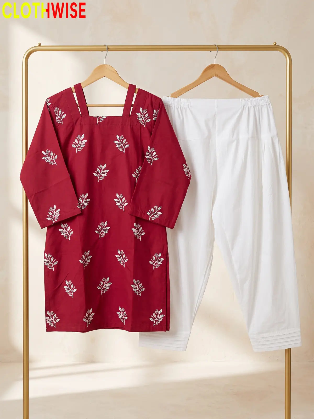 Hoor Maroon 2-piece embroidered cotton suit hanging view - CLOTHWISE