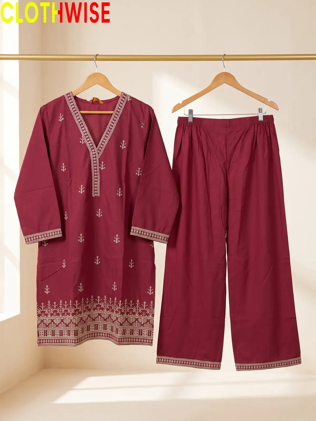 Maroon Cross Stitch embroidered cotton suit on hanger – CLOTHWISE