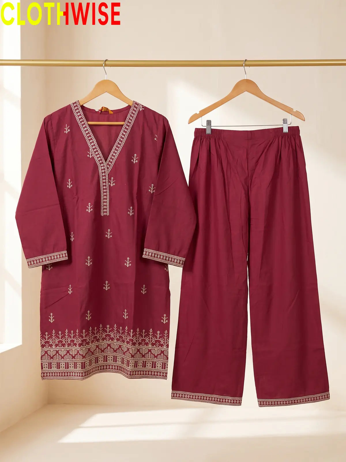 Maroon Cross Stitch embroidered cotton suit on hanger – CLOTHWISE