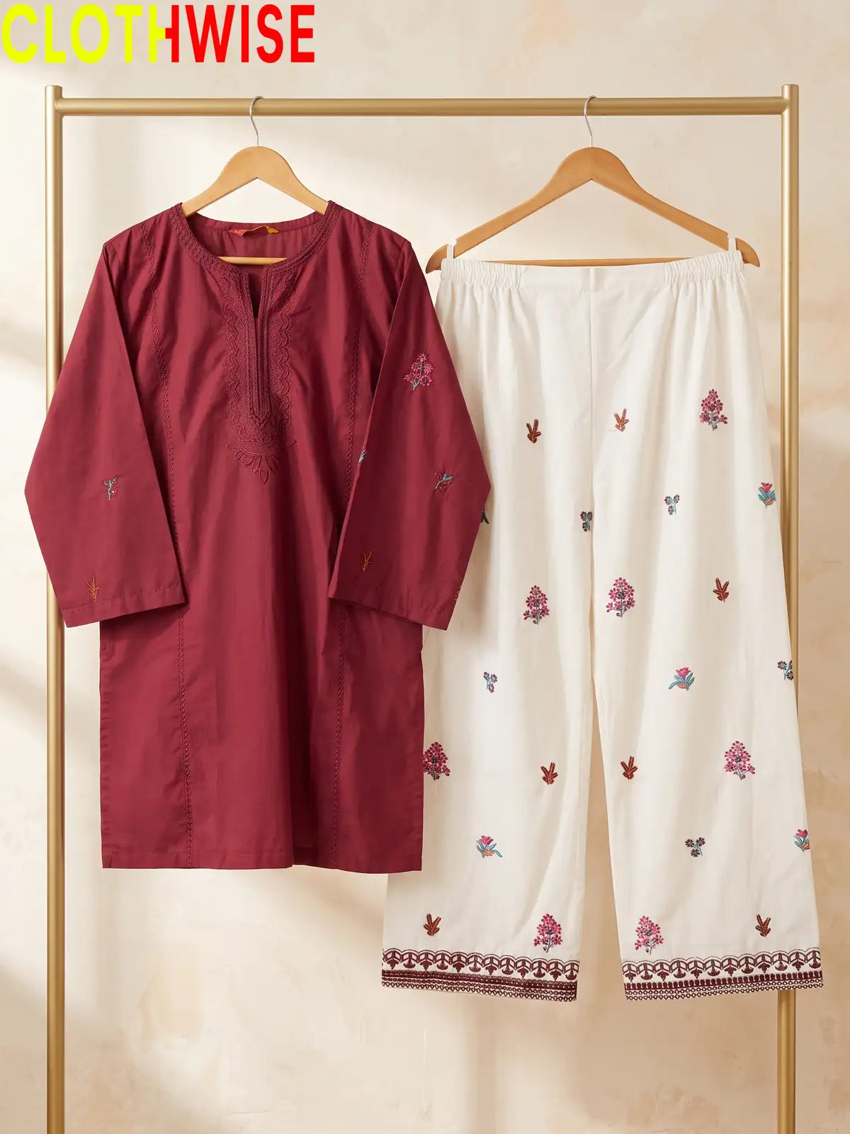 Anaya Maroon 2-piece embroidered cotton suit - on hanger