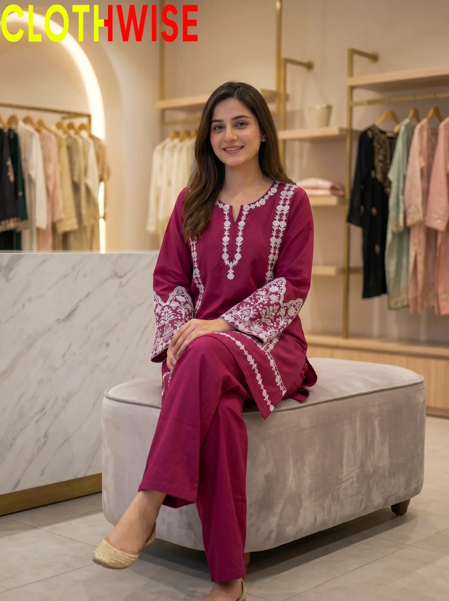 Aina Cotton 2-Piece Embroidered Suit | Maroon | Stitched Co-ord Set