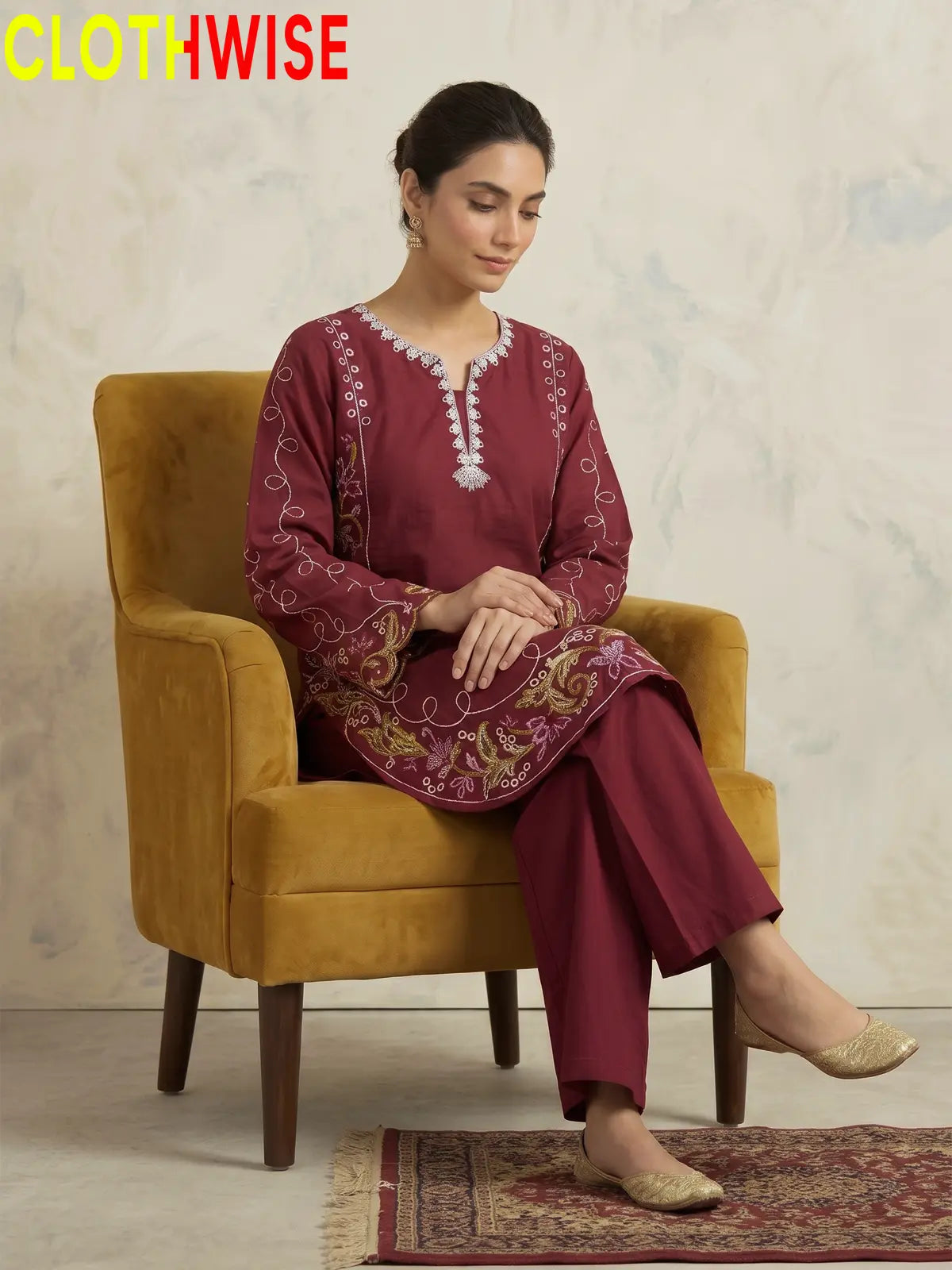 Haseen Maroon embroidered lawn suit - sitting view