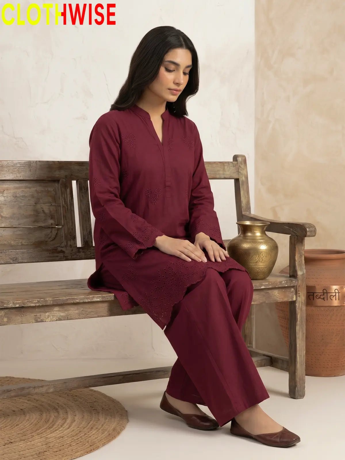 Zimal Maroon Cotton Co-ord Set - Chiken Kari Embroidered 2Pc Suit - Pakistani Women Pret | CLOTHWISE