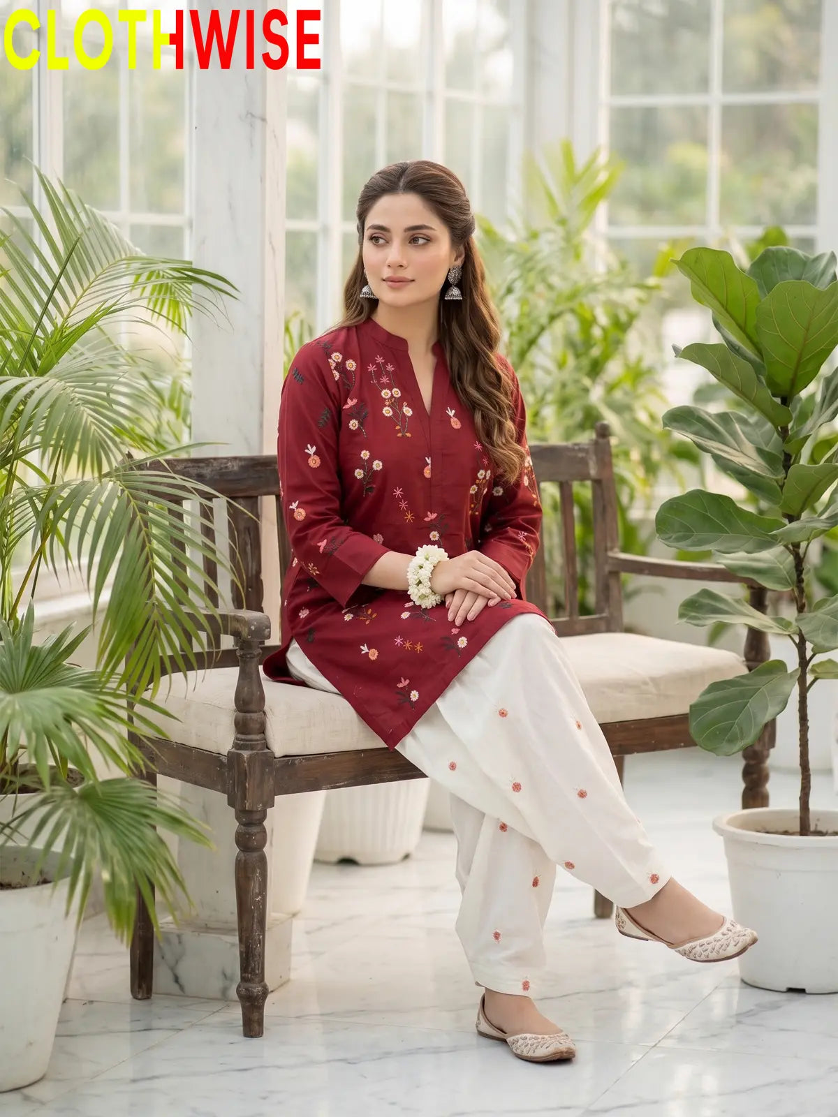 Nargiz embroidered 2-piece cotton suit in Maroon - sitting view