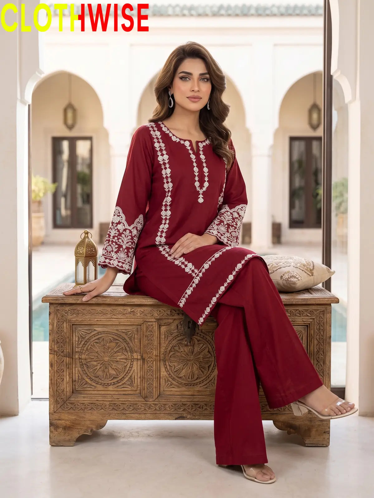 Aina Maroon 2 Piece Embroidered Cotton Suit with Flapper Bottom by Clothwise