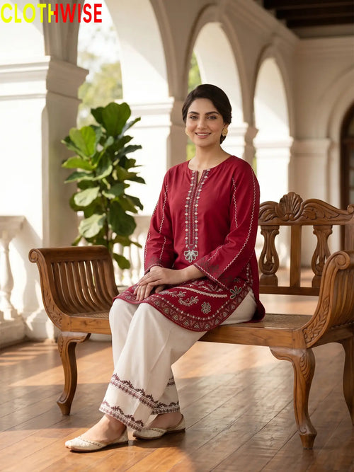 Naqsh Maroon embroidered 2-piece cotton suit - sitting view