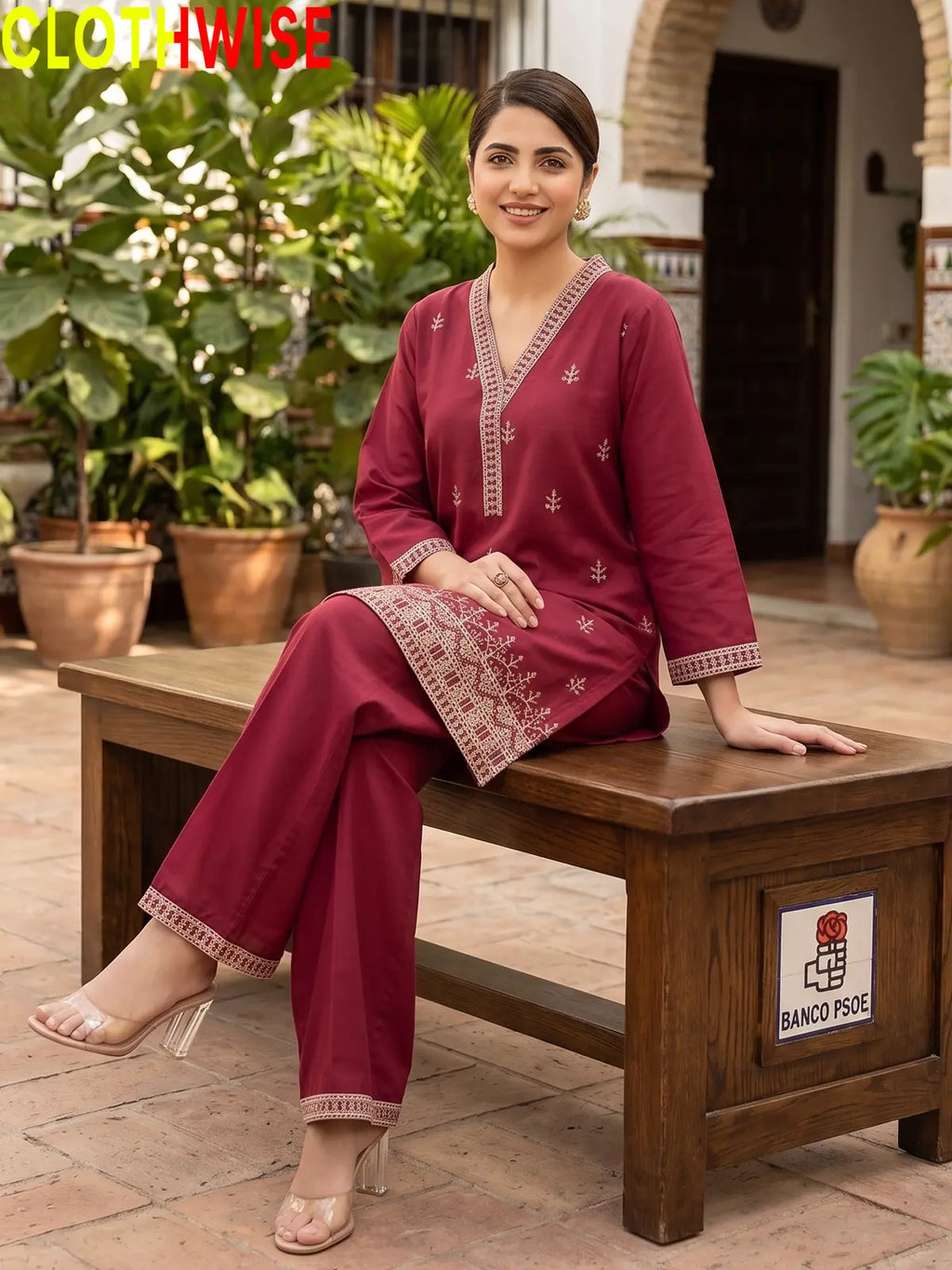 Maroon Cross Stitch embroidered cotton suit sitting view – CLOTHWISE