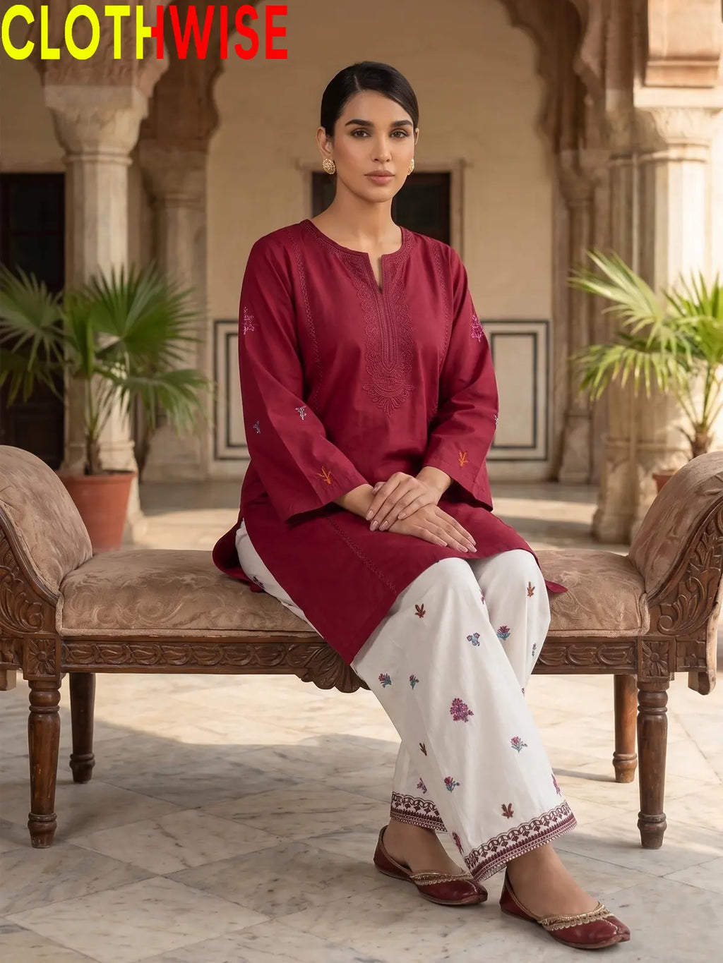 Anaya Maroon 2-piece embroidered cotton suit - sitting view
