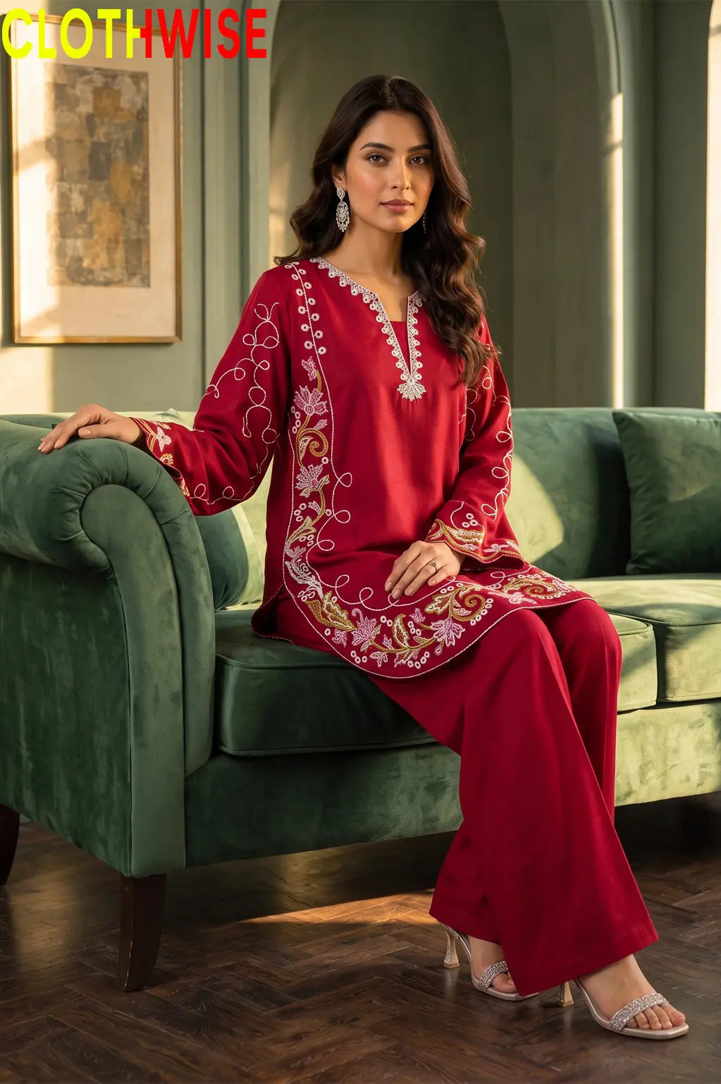 Zarnish Maroon 2-piece embroidered suit - sitting view