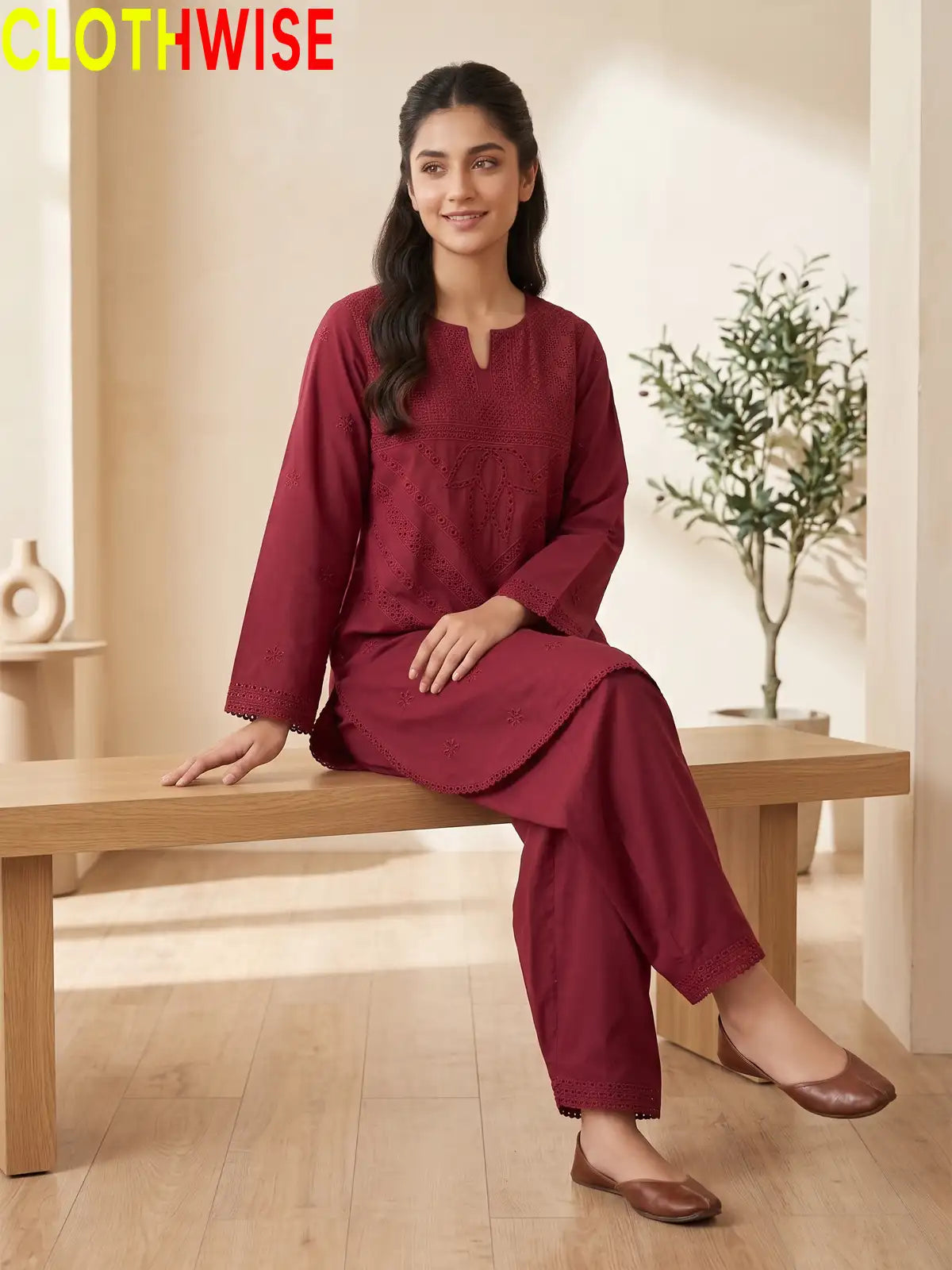 Kashish embroidered lawn 2-piece suit in Maroon colour - sitting view