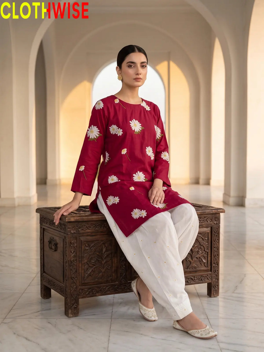 Daisy Maroon embroidered cotton suit - sitting view - CLOTHWISE