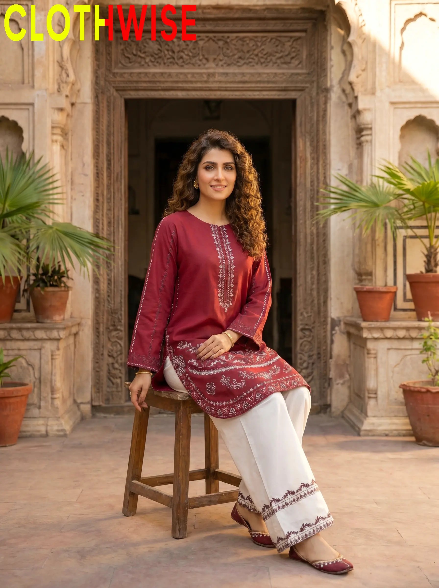 Naqsh Maroon Bottom Flapper Cotton Suit Sitting Pose - Clothwise