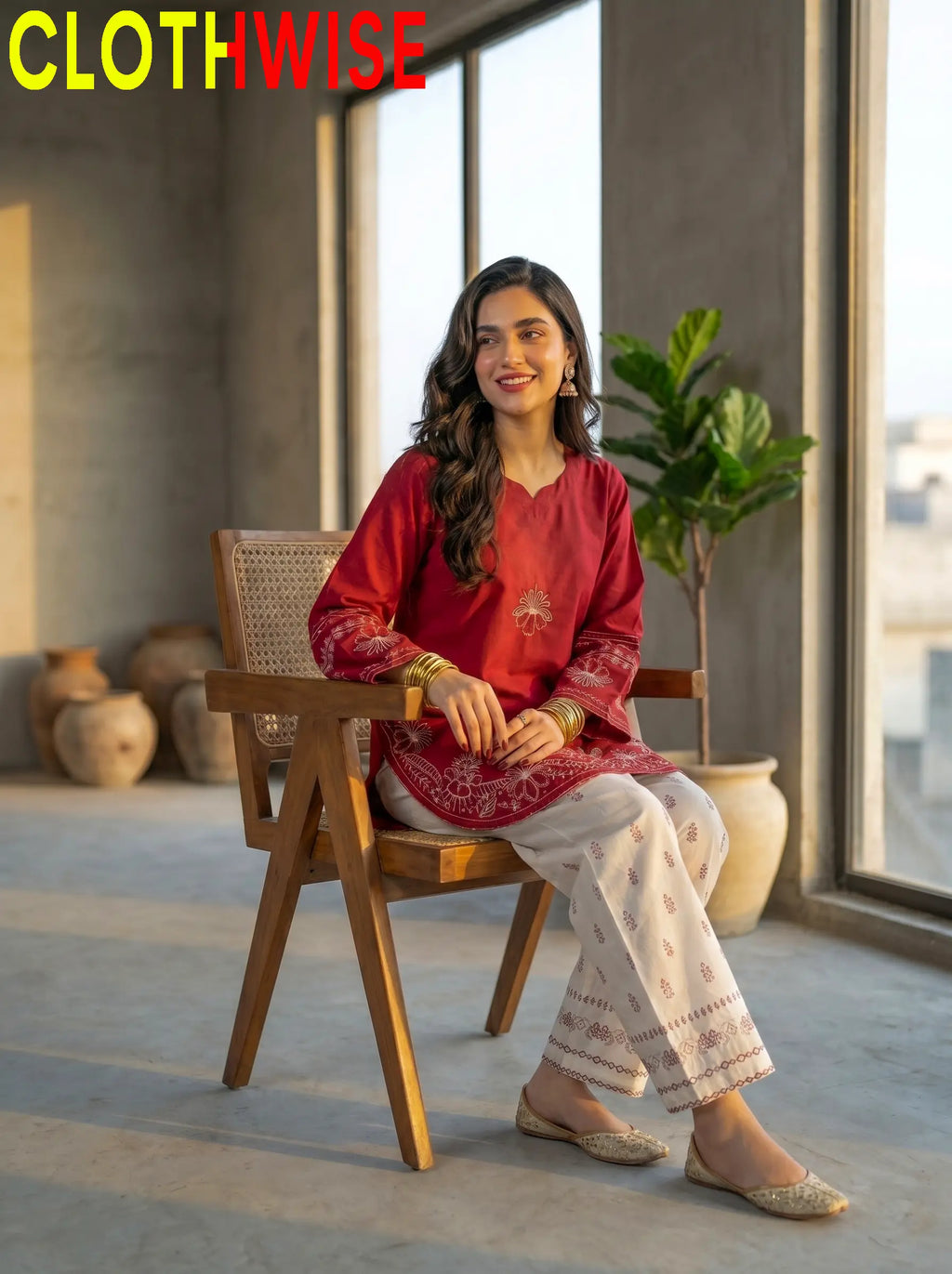 Petal Maroon Cotton Stitched 2-Piece Suit Sitting View – Bottom Flapper | Clothwise
