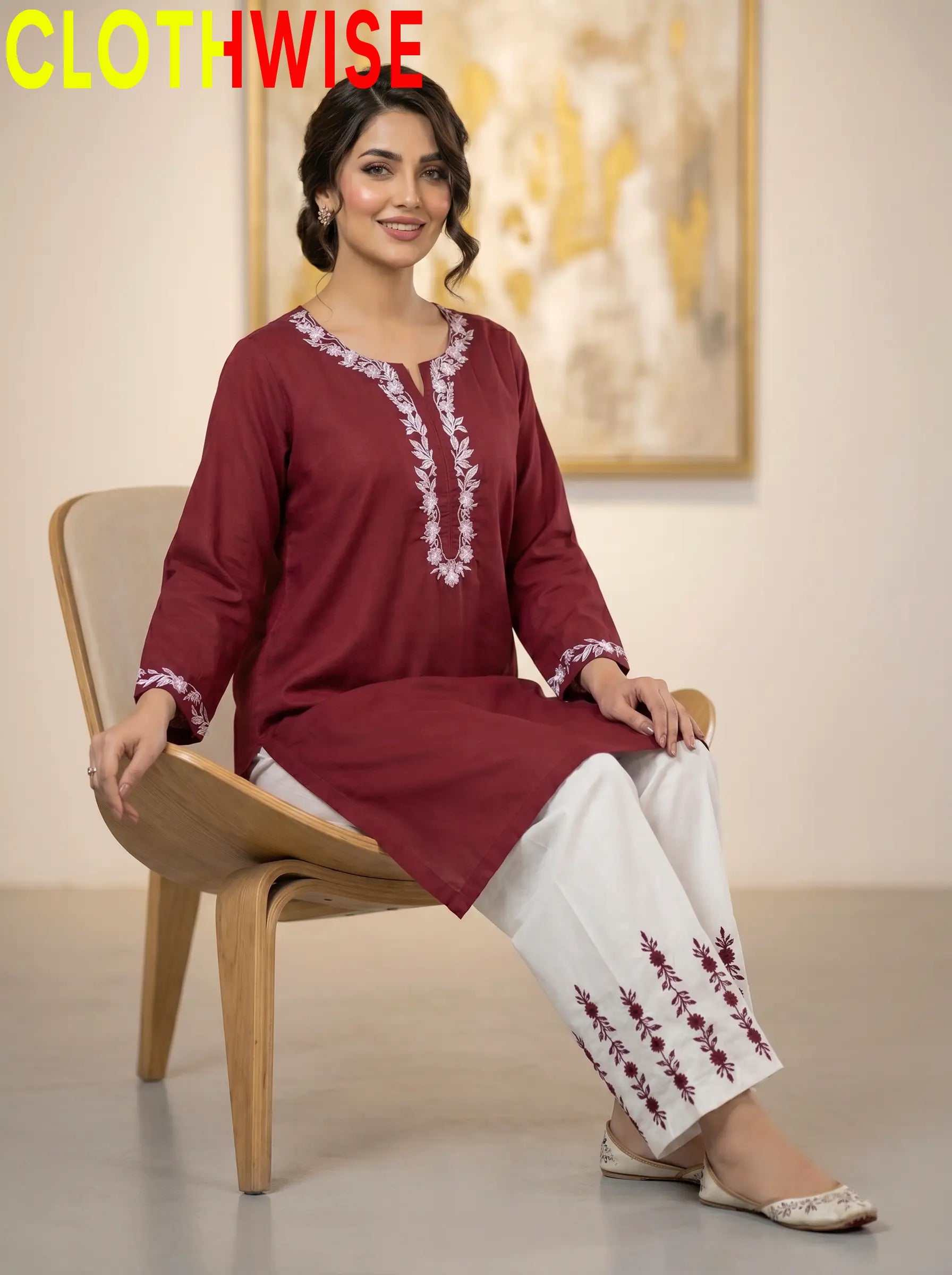 Naqsh Maroon Embroidered Cotton Co-ord Set Sitting View – Clothwise