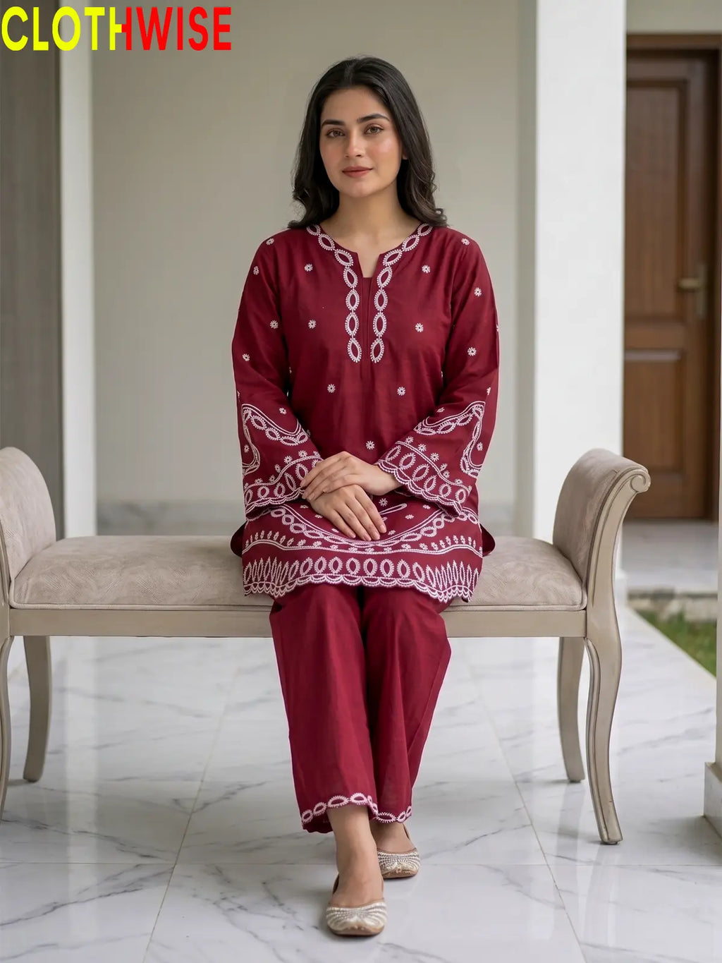 Aarzo embroidered lawn suit maroon sitting view