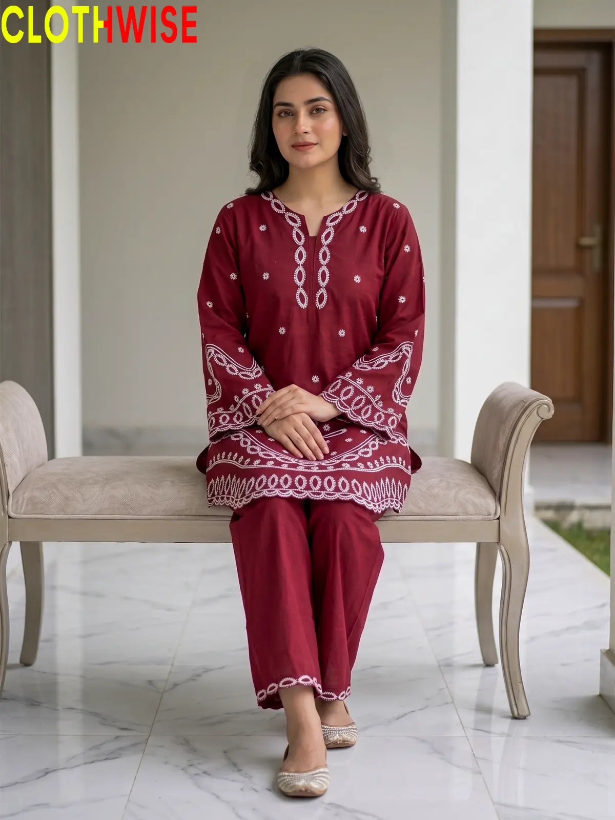 Aarzo embroidered lawn suit maroon sitting view