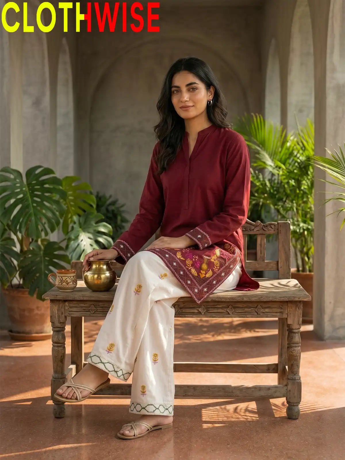 Shajar – Maroon 2-Piece Stitched Cotton Suit | Embroidered Top & Bottom with Flapper - Pakistani Women Pret | CLOTHWISE