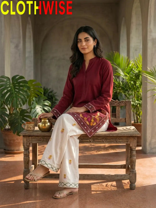 Shajar – Maroon 2-Piece Stitched Cotton Suit | Embroidered Top & Bottom with Flapper - Pakistani Women Pret | CLOTHWISE