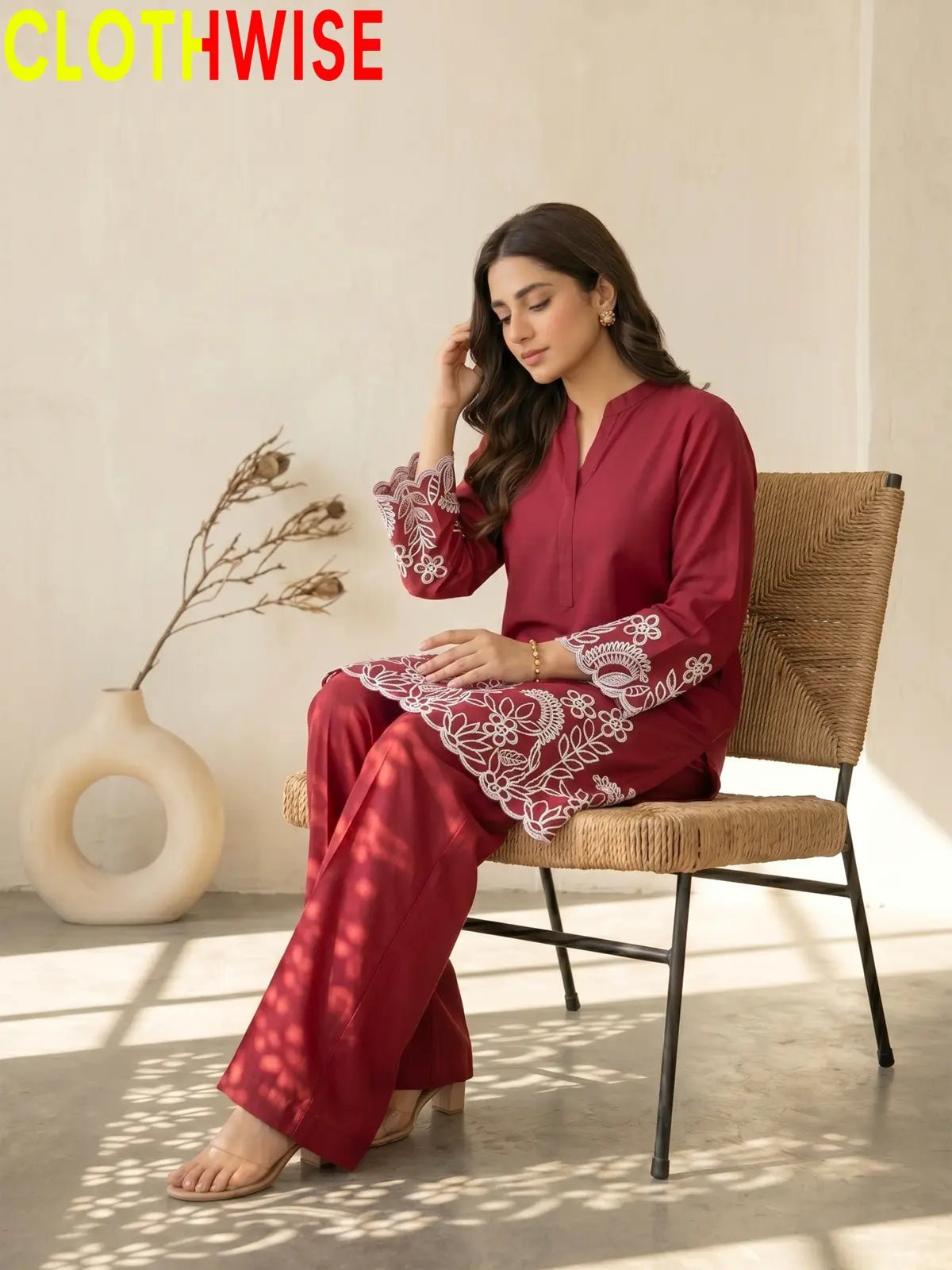 Flora Reign Maroon - 2 Pc Embroidered Cotton Co-ord Suit - Pakistani Women Pret | CLOTHWISE