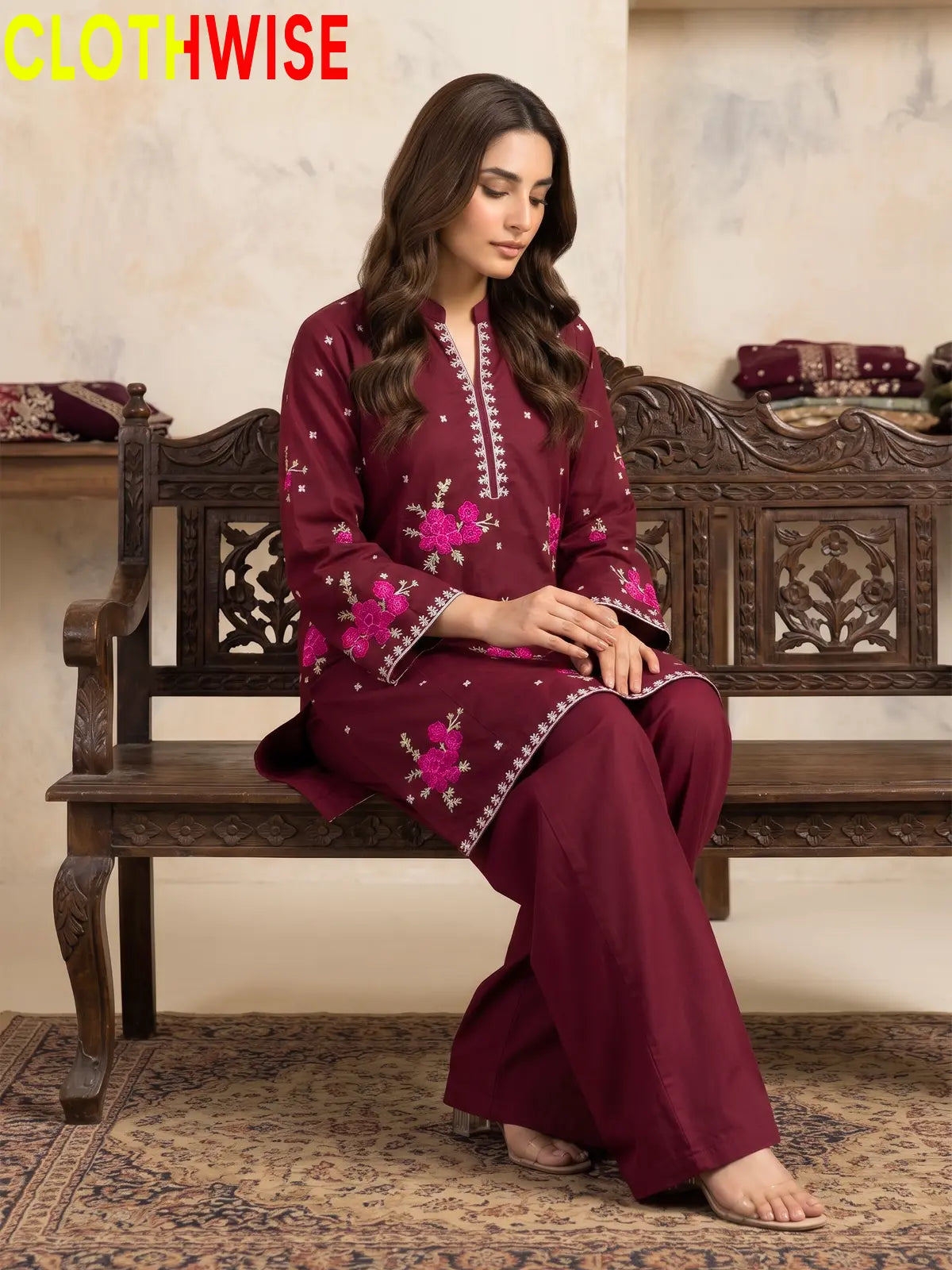 Marias Maroon embroidered co-ord set - sitting - CLOTHWISE