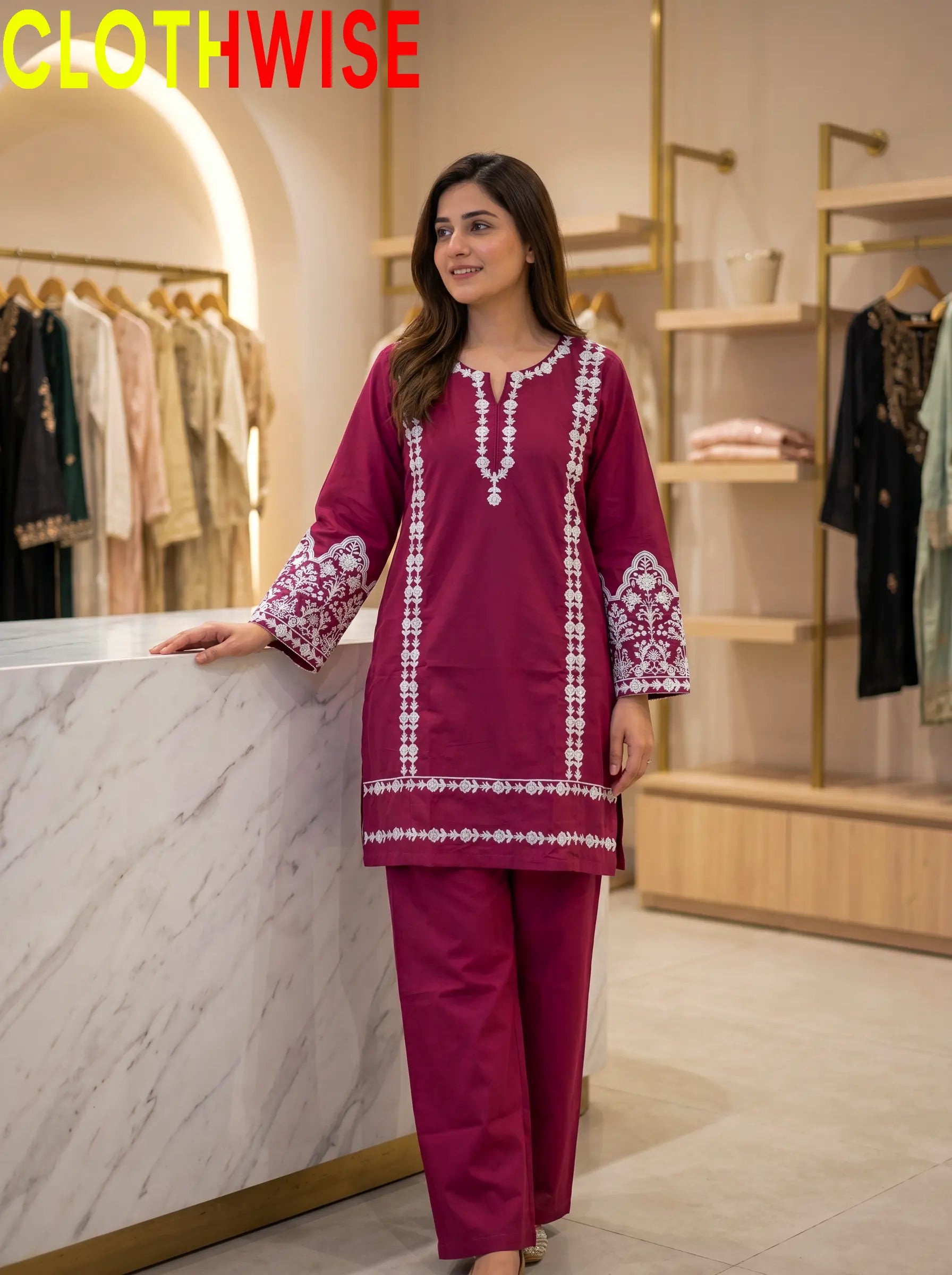Aina Cotton 2-Piece Embroidered Suit | Maroon | Stitched Co-ord Set