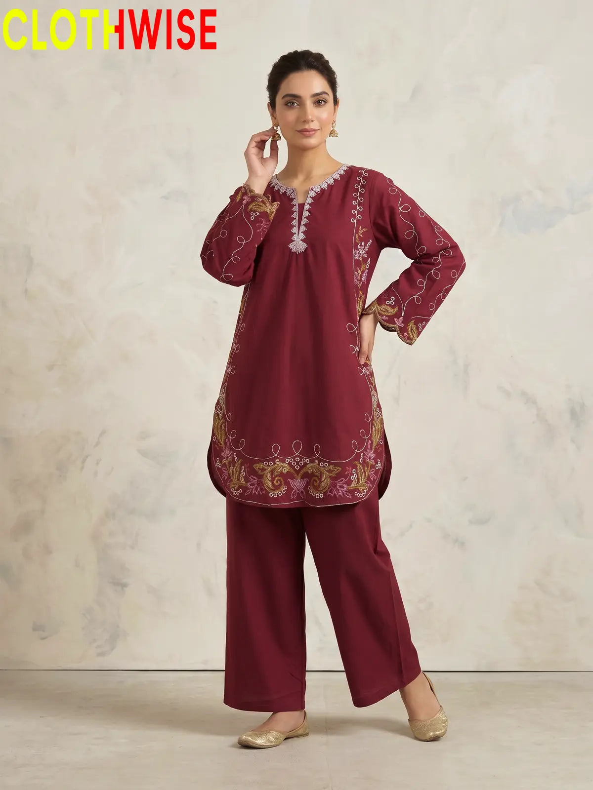 Haseen Maroon embroidered 2-piece lawn suit - front standing view