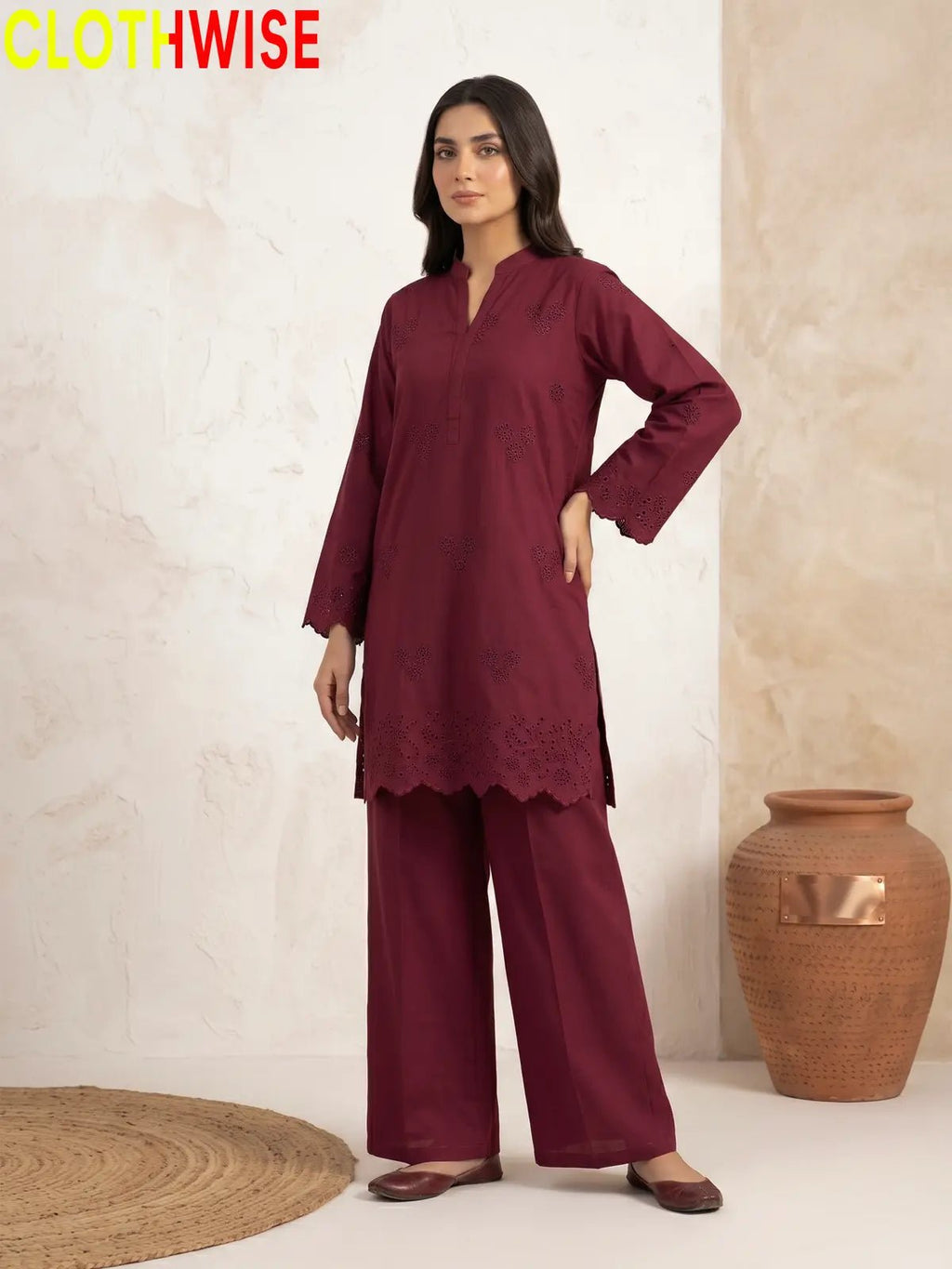 Zimal Maroon Cotton Co-ord Set - Chiken Kari Embroidered 2Pc Suit - Pakistani Women Pret | CLOTHWISE