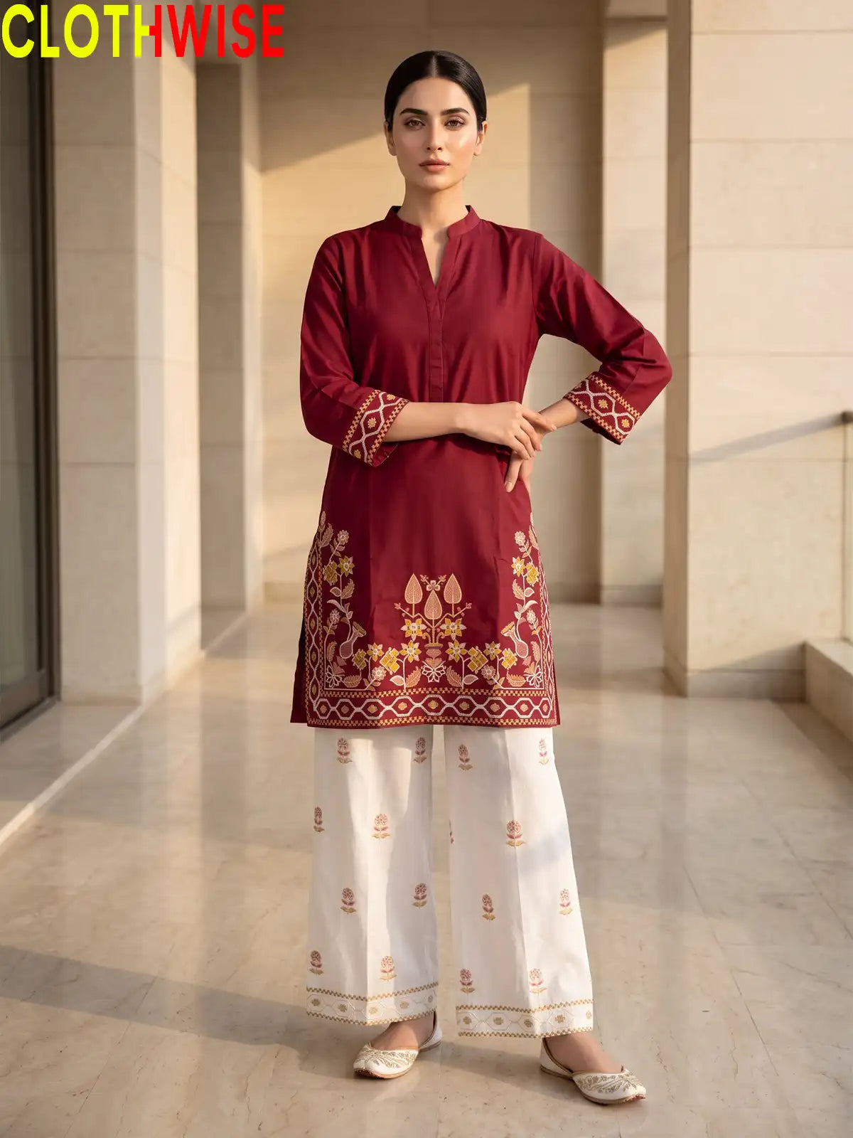 Shajar Maroon embroidered cotton suit front standing view