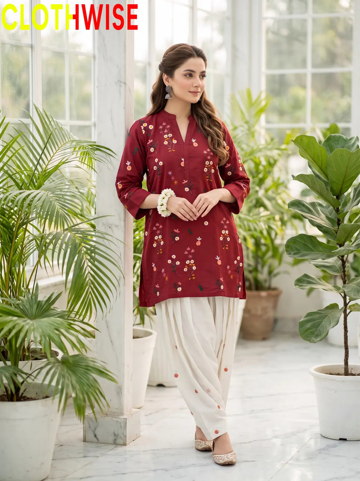 Nargiz embroidered 2-piece cotton suit in Maroon - standing view