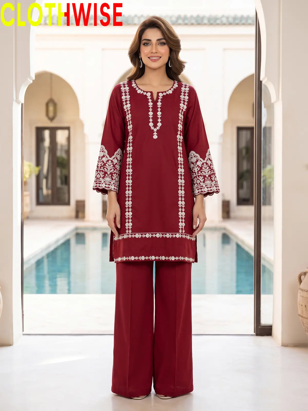 Aina Maroon 2 Piece Embroidered Cotton Suit with Flapper Bottom by Clothwise