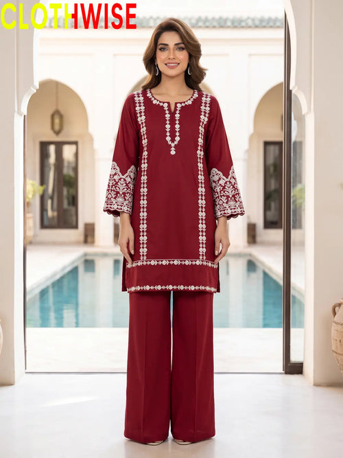 Aina Maroon 2 Piece Embroidered Cotton Suit with Flapper Bottom by Clothwise