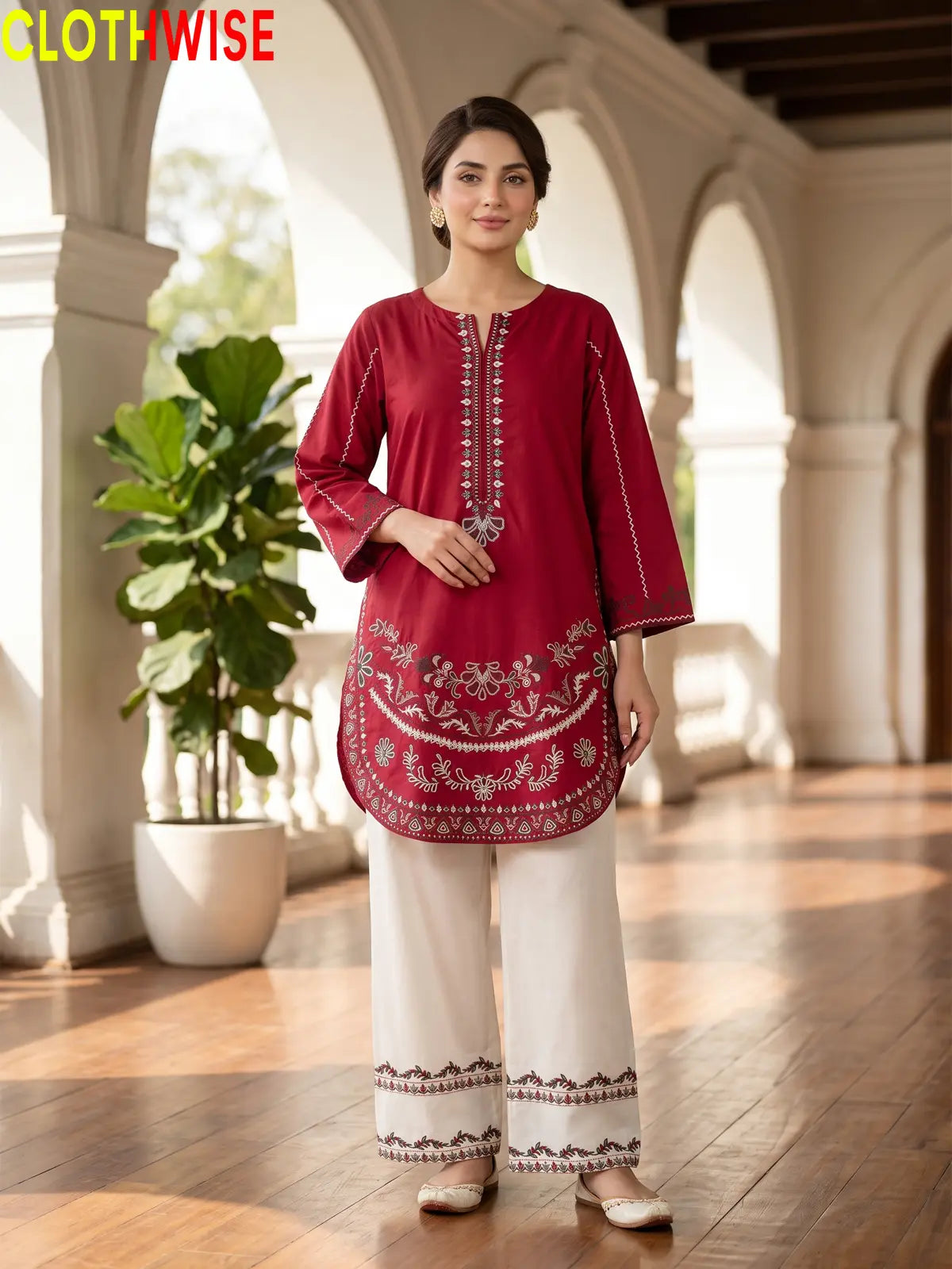 Naqsh Maroon embroidered 2-piece cotton suit - standing view