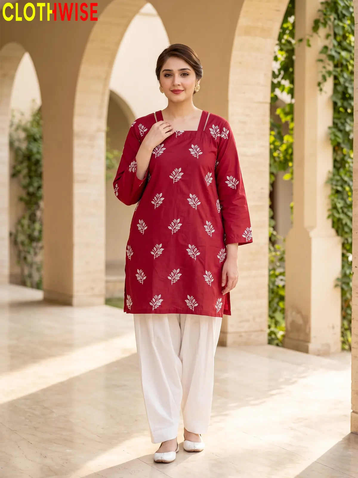 Hoor Maroon embroidered cotton suit standing view - CLOTHWISE