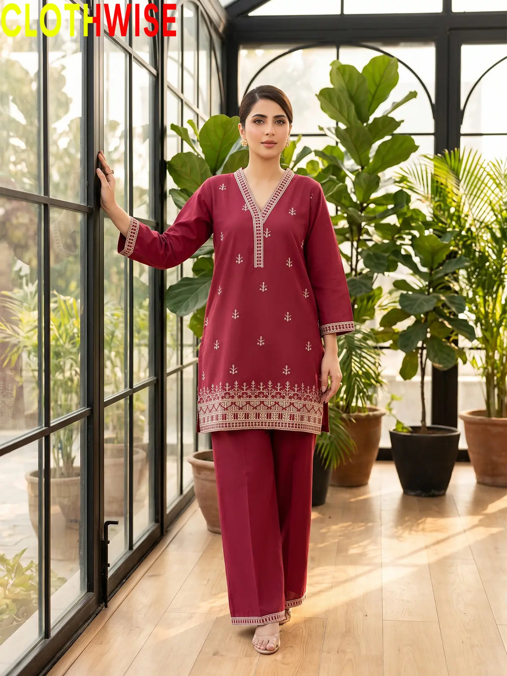 Maroon Cross Stitch embroidered cotton suit standing view – CLOTHWISE