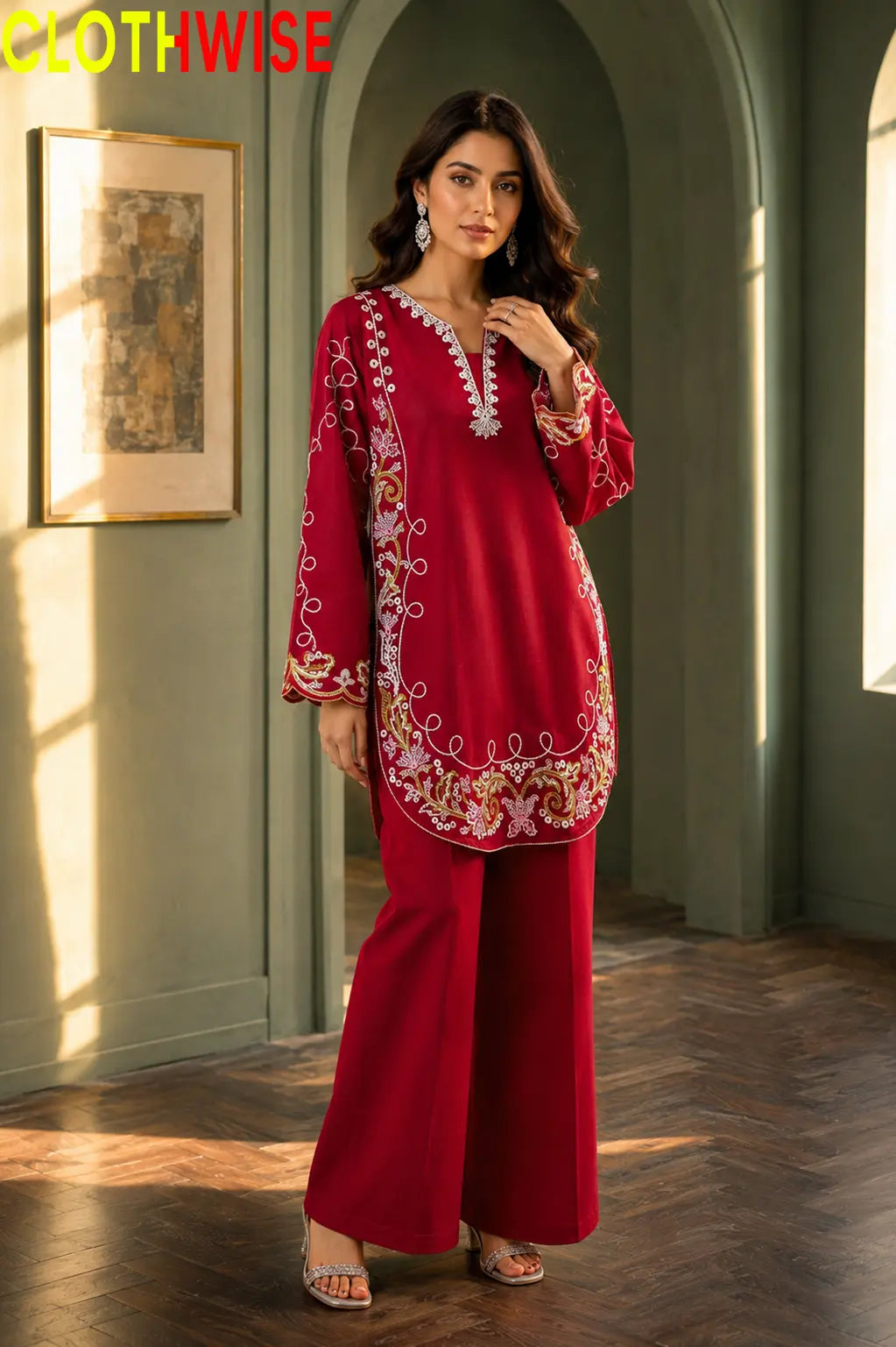 Zarnish Maroon 2-piece embroidered suit - front standing view