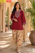 Ishq Maroon Embroidered Cotton Suit – Standing View