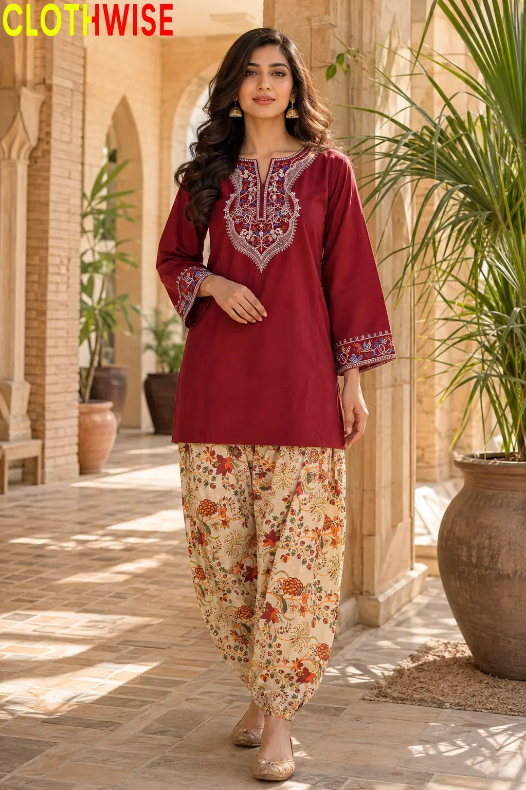 Ishq Maroon Embroidered Cotton Suit – Standing View