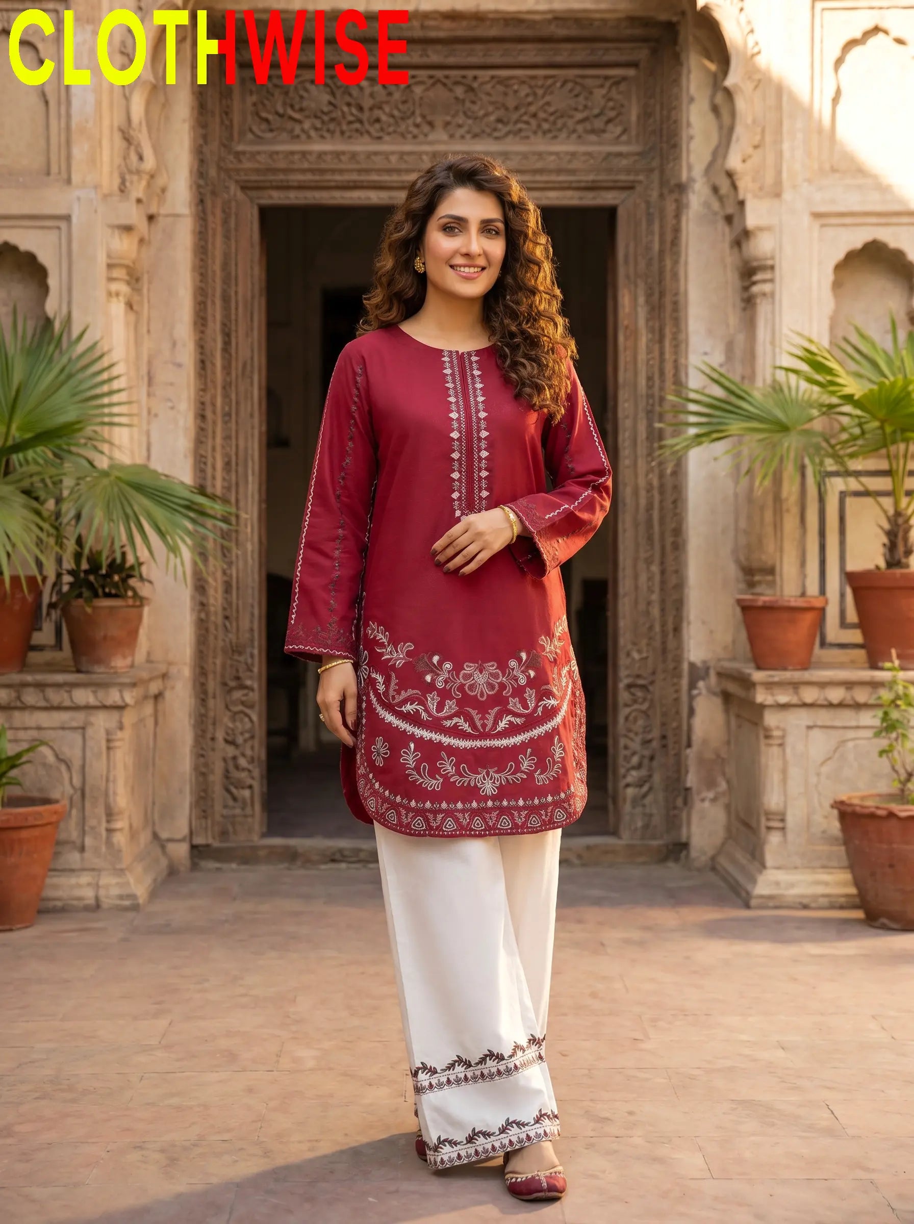 Naqsh Maroon 2-Piece Stitched Cotton Suit Standing - Clothwise