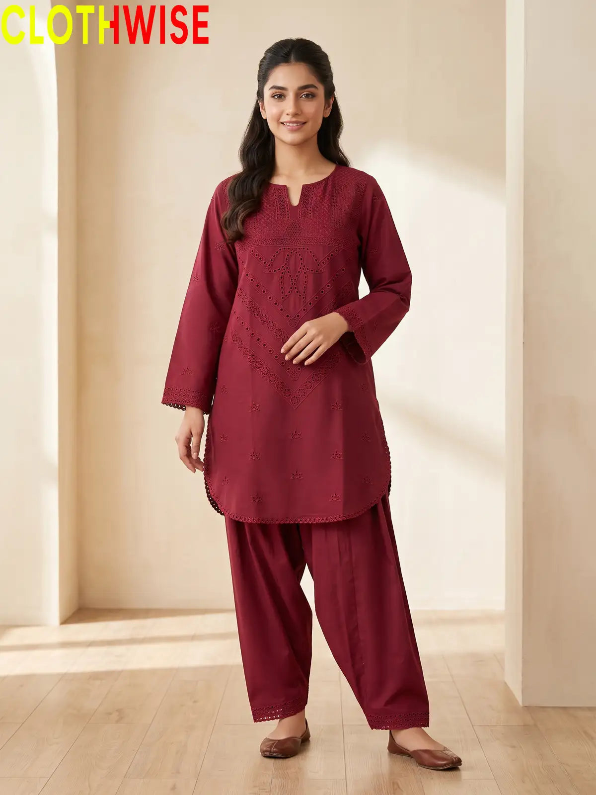 Kashish embroidered lawn 2-piece suit in Maroon colour - front standing view