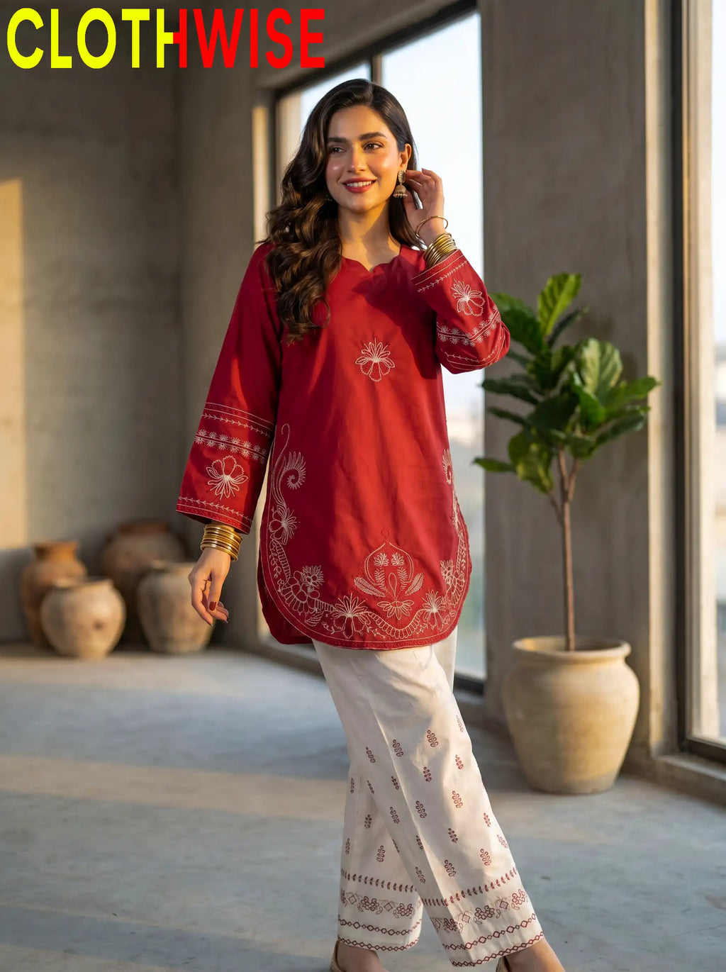 Petal Maroon Cotton Stitched 2-Piece Suit Standing View – Bottom Flapper | Clothwise