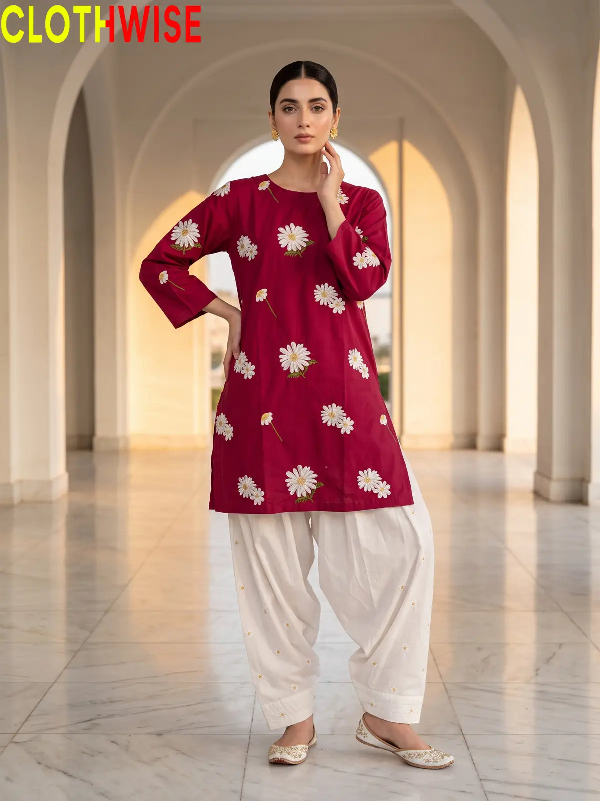 Daisy Maroon embroidered cotton suit - standing view - CLOTHWISE