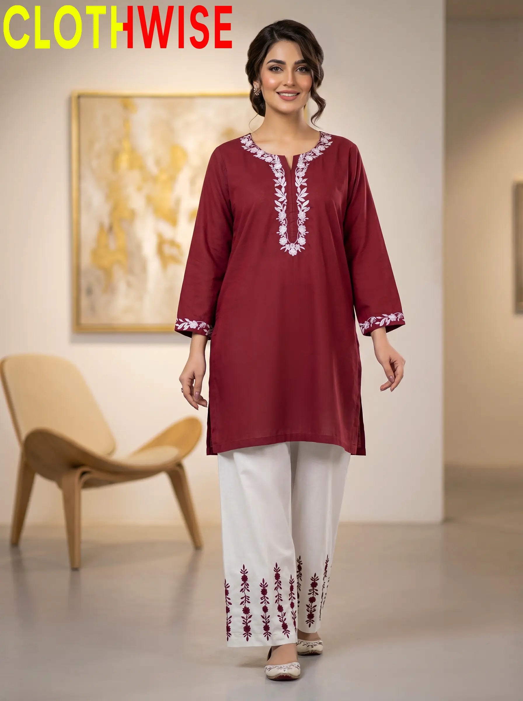 Naqsh Maroon Embroidered Cotton Co-ord Set Standing View – Clothwise